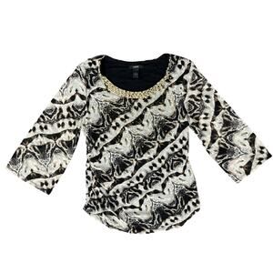 Alfani Brown Cream Animal Print Long Sleeve Beaded Scoop Neck Blouse Top size L